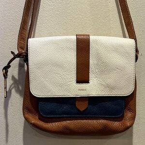 Fossil White, Brown, and Blue Leather Crossbody Bag